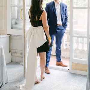 Sachin + Babi Square Neck Bow Train Mini Dress - Black w/ White Bow